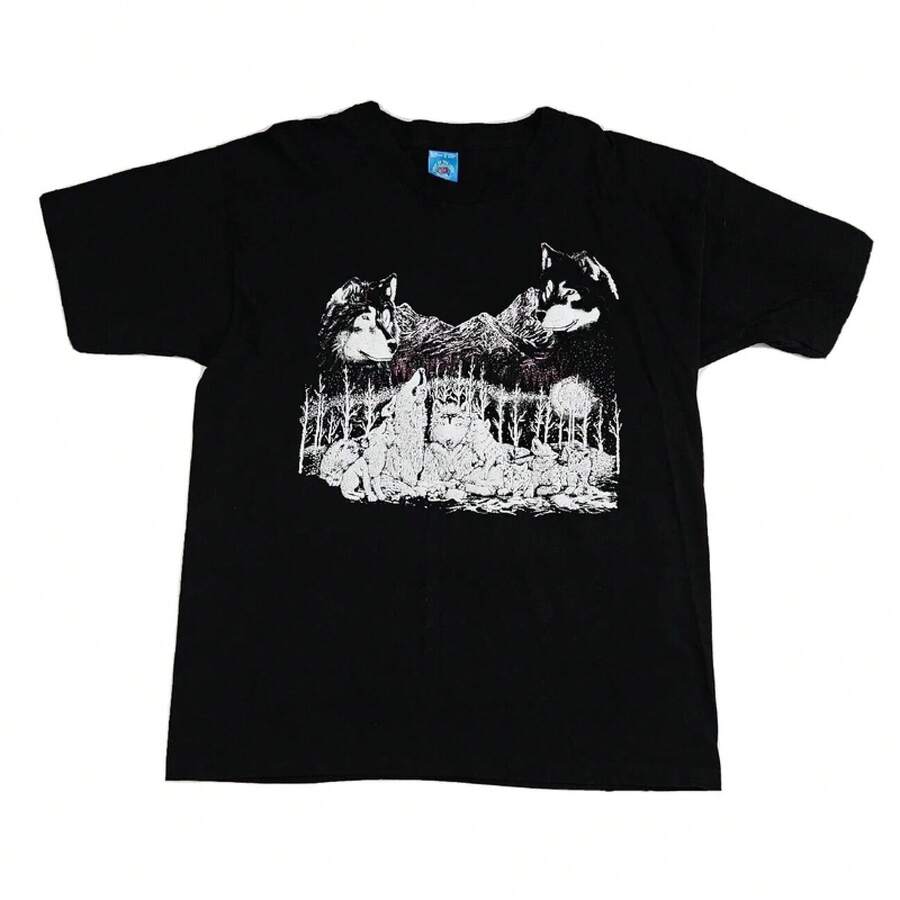 Vintage Wolf Wolves T-Shirt (Size XL) With Black Puff Paint And Simple Stitching - Black - View 1