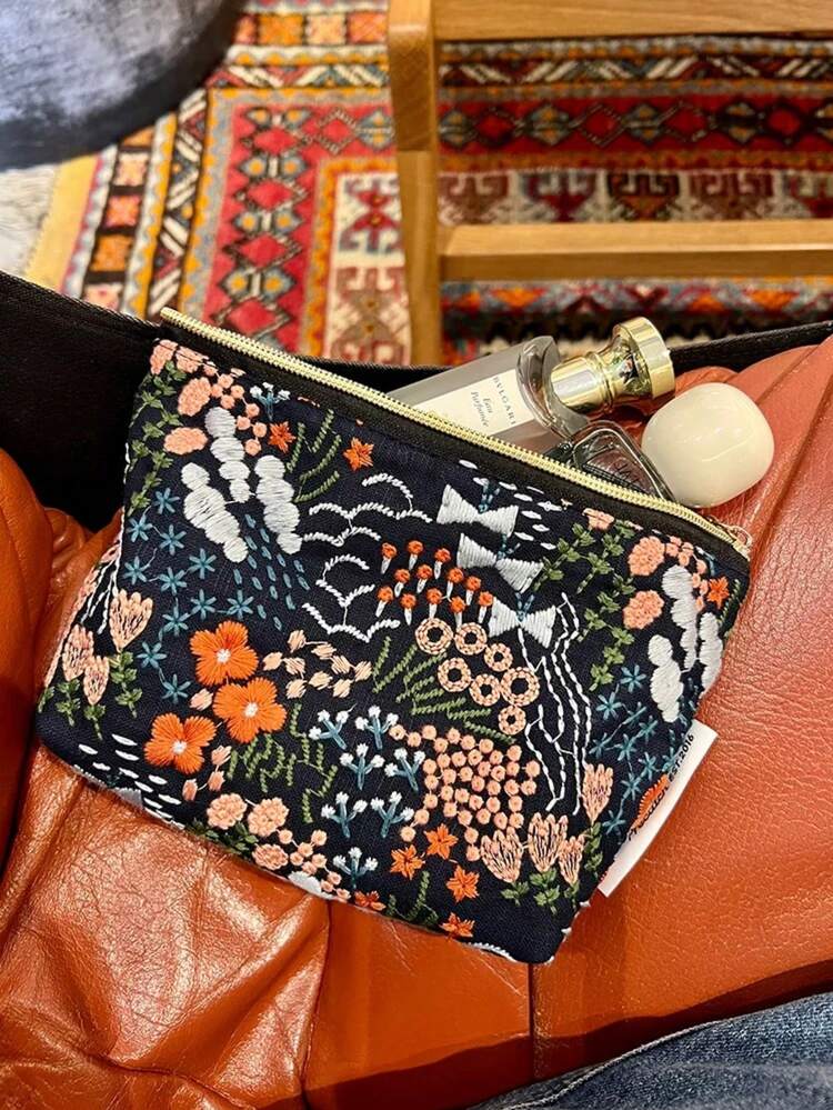 Classic Striped Large Capacity Handheld Makeup Bag, Dark Color Zipper, Skincare Products Travel Organizer Pouch Travel Essentials For Holiday Vacation Makeup Organizer Travel Bag For Women Make Up Bag VA05 - 刺繡花2 - 查看 5