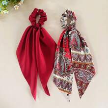 2 Stück einfarbige Paisley-Muster Band-Haargummis Haaraccessoires Pferdeschwanz-Gummibänder Gummibänder - Rot - Übersicht 5