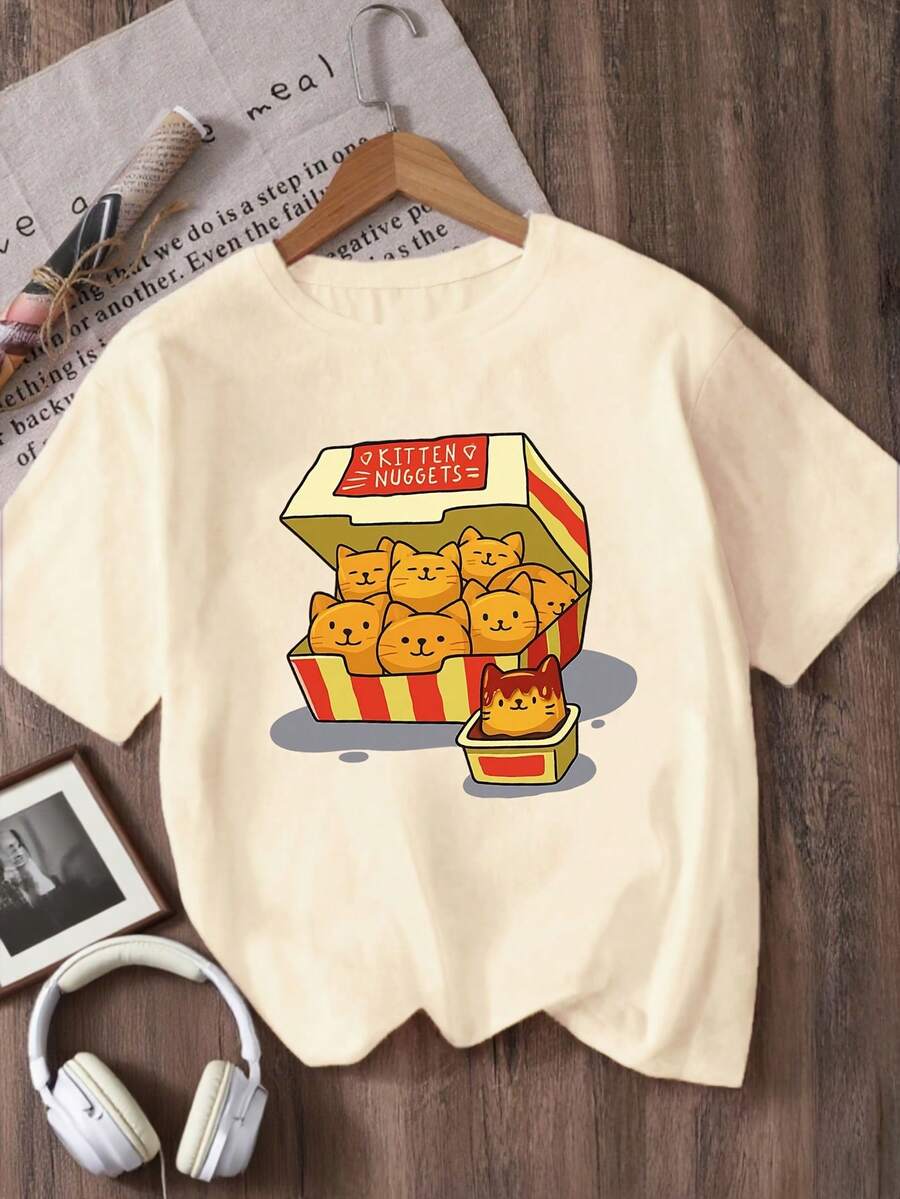 Printed Crew Neck T-Shirt For Girls - Apricot - View 1