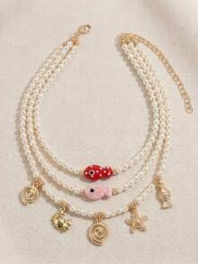 1 Set de Collar Bohemio de Estilo Resort Oceánico Multicapa con Cuentas de Perlas Falsas, a Juego con Criaturas Marinas, Adecuado para Usar en Vacaciones de Playa de Verano, Joyería Elegante y de Moda para Mujeres - Multicolor - Ver 2
