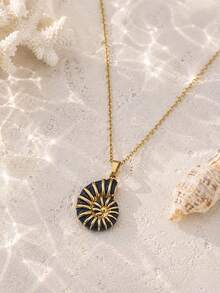 1pc Elegant Stainless Steel 18K Gold Plated Ocean Style Drip Oil Spiral Vortex Inspired Pendant Necklace, Summer Bohemian Style Jewelry - Beach Vacation, Classic Design, Suitable For Parties And Banquets, Unisex Valentine's Day Birthday Gift - Multicolor - View 6