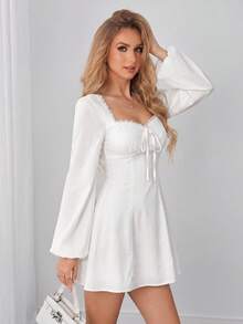 PARTHEA Cute White Long Sleeve Backless Sundress For Women, Sweetheart Neck Short Mini Dress With Frill Detail And Lace Trim - White - View 5