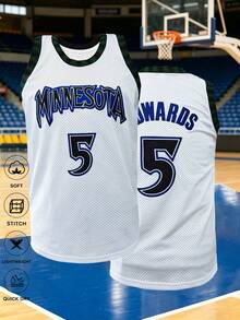 KTYSDE 男士5号复古篮球球衣，明尼苏达字母刺绣宽松V领无袖上衣，适合篮球训练、比赛、运动、跑步、健身、街头时尚，男女通用 - 白色 - 查看 1