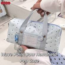 1pc Star Polka Dot Bowknot Handheld Pencil Case, Large Capacity Student Stationery Storage Bag, Essential For New Semester, Durable Fabric, Waterproof And Stain-Resistant, Sweet And Exquisite Star Polka Dot With Bowknot Design, Convenient Handheld Design,Back To School - A - View 1