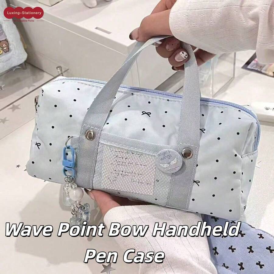 1pc Star Polka Dot Bowknot Handheld Pencil Case, Large Capacity Student Stationery Storage Bag, Essential For New Semester, Durable Fabric, Waterproof And Stain-Resistant, Sweet And Exquisite Star Polka Dot With Bowknot Design, Convenient Handheld Design,Back To School - A - View 1