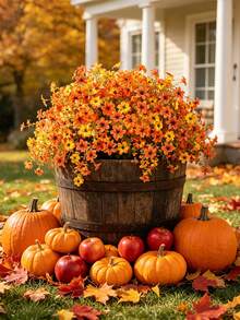 Juego de 4 piezas de flores decorativas artificiales de otoño, flores artificiales colgantes, decoración de otoño para exteriores, flores de crisantemo de seda artificial, resistente a los rayos UV y no se desvanece, adecuado para macetas de exterior de otoño, porche, patio, jardín - Naranja - Ver 9