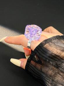 Bague en perle carrée asymétrique géométrique en résine, bague de doigt transparente couleur macaron Ins printemps/été - Multicolore A - Voir 6