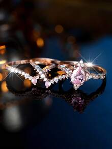 Juego de 3 anillos con circonita cúbica en forma de pera, juego de anillos apilables para mujer, anillos de boda, anillos de compromiso - Oro rosa + rosa - Ver 2