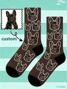 1 Pair Unisex Custom French Bulldog Portrait Print Teal & Black Comfort-Fit Playful Personalized Socks For Daily Casual Wear & Pet Lover Gifting - Brown - View 2