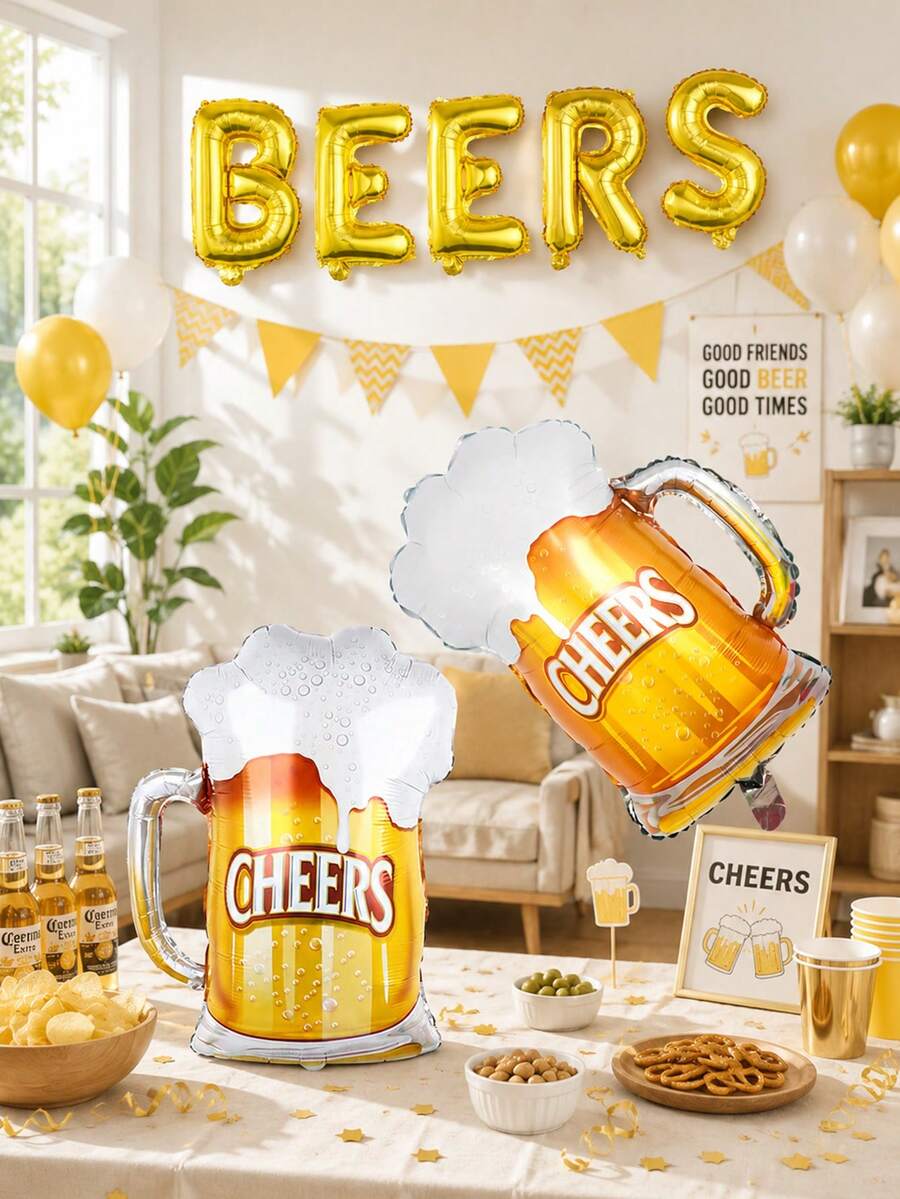 7pcs Beer Theme Party Balloons, Including Beer Mug Shaped Balloons, "BEERS" Gold Balloon Banner, Suitable For Summer Parties, Beer Festivals, Birthday Parties, Weddings And Various Decoration Scenes - Multicolor - View 1