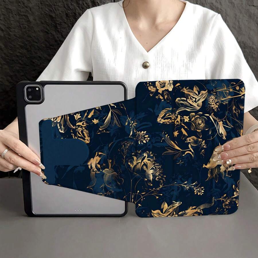 深藍色與金色花卉印花平板保護殼,附筆槽,相容 iPad 11(A16 2025),自動休眠/喚醒功能,相容小米 5/5PRO/6/6PRO/7/7PRO,相容華為 Matepad,相容榮耀 Pad - 彩色 - 查看 1