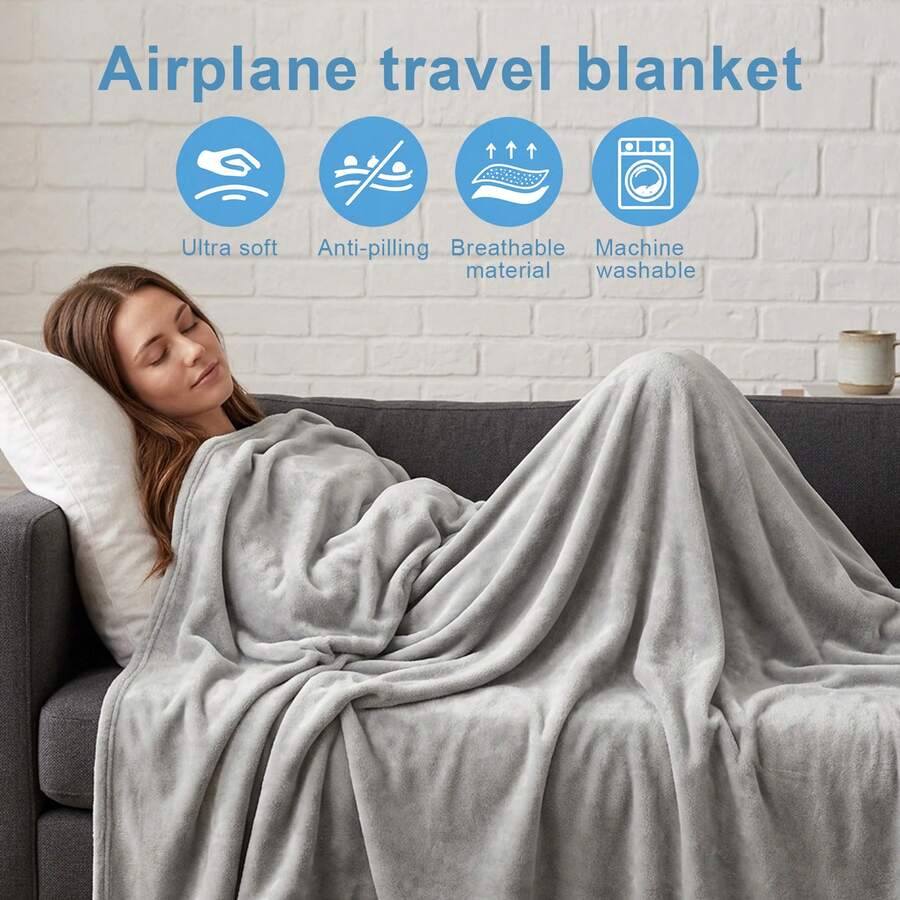 Travel Blanket And Pillow For Plane, 2-In-1 Soft Airplane Blanket With Pillowcase - Grey - View 1