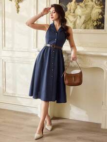 Vestido de verano de longitud media con botones frontales y sin mangas, con diseño de rayas, elegante y vintage para mujeres. Atuendos de v - Azul y blanco - Ver 7
