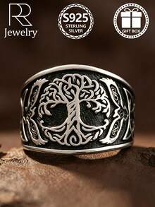 1pc Vintage Distressed Carved Tree Of Life Ring With Flying Birds On Both Sides, 925 Sterling Silver, Size 7-11, Daily Wear Valentine's Day Gift, Comes With Gift Box - Silver - View 1