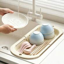 Expandable Household Draining Basket Multifunctional Kitchen Vegetable Washing Basin Dish Rack Plastic Dish Drying Rack Kitchen Sink Adjustable Vegetable Fruit Basket Pasta Drying Rack Draining Board Expandable Dish Cup Plastic Storage Rack - One Size - View 1