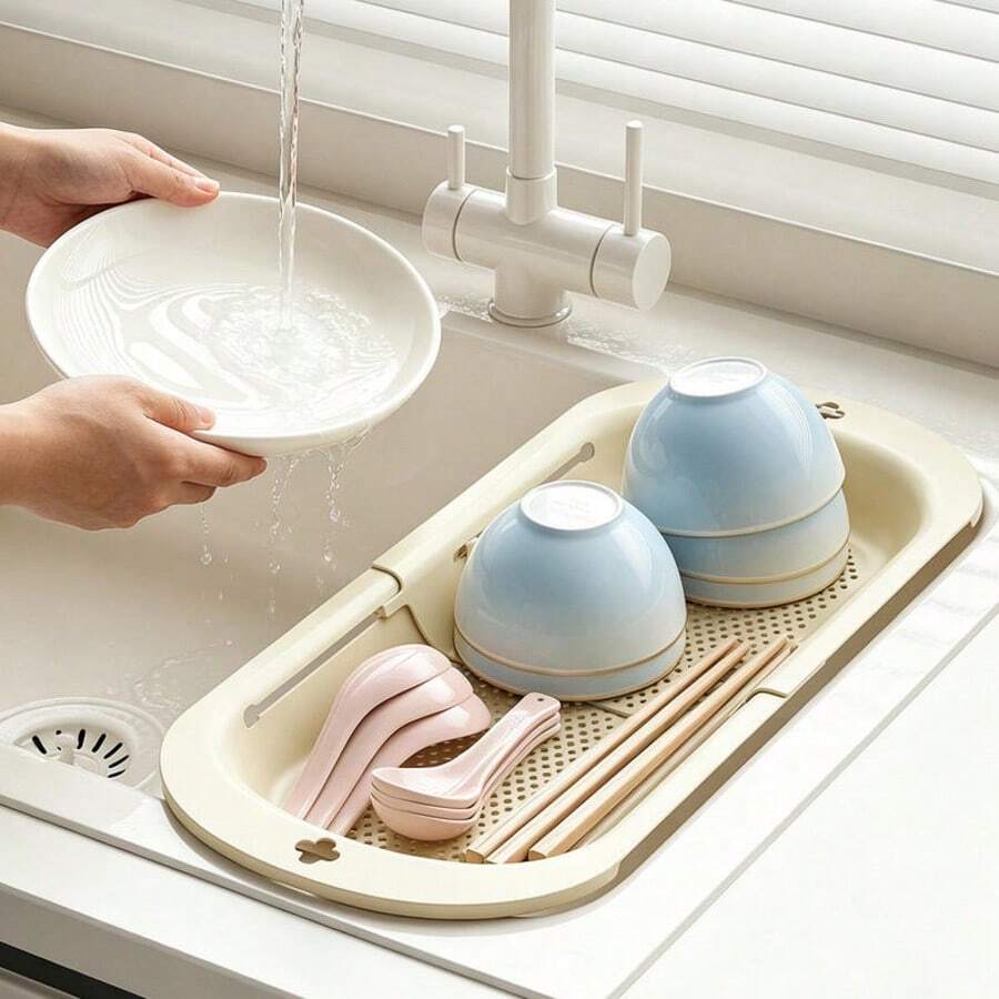 Expandable Household Draining Basket Multifunctional Kitchen Vegetable Washing Basin Dish Rack Plastic Dish Drying Rack Kitchen Sink Adjustable Vegetable Fruit Basket Pasta Drying Rack Draining Board Expandable Dish Cup Plastic Storage Rack - One Size - View 1