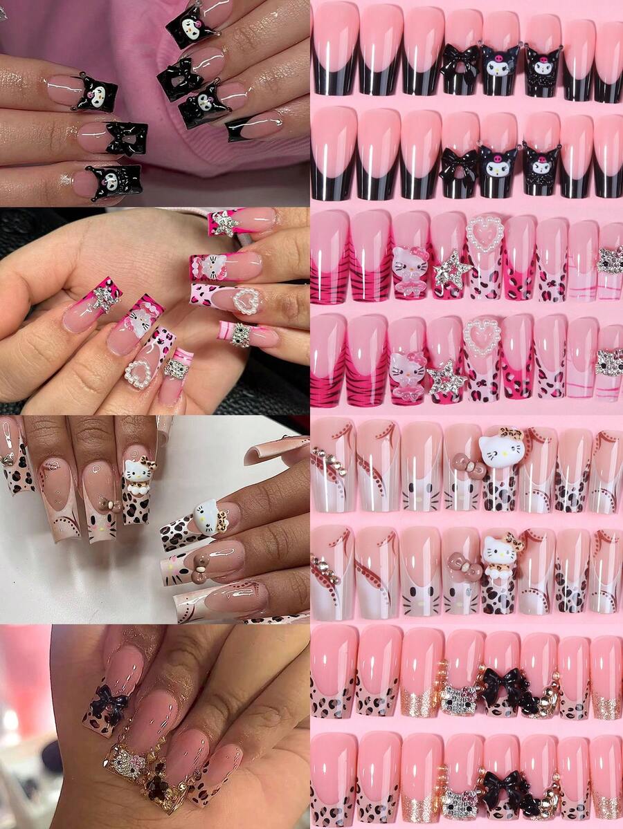 Sanrio Hello Kitty 96片裝(4款混色)Y2K中方豹紋美甲貼片,3D可愛Hello Kitty與Kuromi蝴蝶結裝飾法式漸層穿戴甲,完美貼合壓克力假指甲套組,含1片果凍膠與1片美甲锉,適合女孩派對使用 - 彩色 - 查看 1