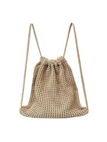 Fashionable Bohemian Crochet Backpack, Women's Woven Beach Tote Bag, Large Capacity Drawstring Bucket Bag, Foldable Women's Backpack - Multicolor - View 9