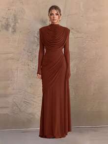 Solid Color Elegant Spliced Mesh Draped Evening Gown For Party And Formal Dinner - Rust Brown - View 1