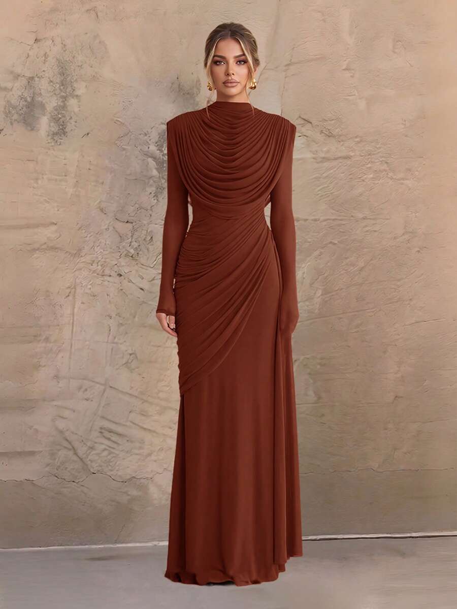 Solid Color Elegant Spliced Mesh Draped Evening Gown For Party And Formal Dinner - Rust Brown - View 1
