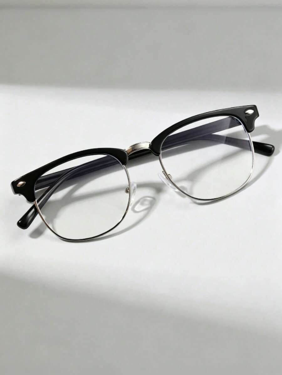 1 Pair Of Men's Semi-Rimless Lightweight Glasses, Suitable For Computer, Reading, Gaming, TV, Mobile Phone, Etc. - Silver - View 1