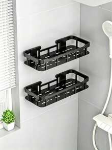 1pc No-Drill Bathroom Wall Mounted Shelf With Hooks, Wall Hanging Shower Storage Rack, Rustproof & Durable, Easy Installation Space-Saving Shower Bathroom Accessory, Load Capacity 3kg - Multicolor - View 8
