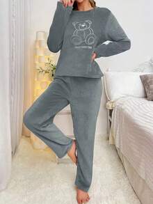 2pcs Women's Thick Warm Fluffy Pajama Set, Autumn/Winter Embroidered Solid Color Loungewear, Casual Comfortable Crew Neck Top And Pants, Suitable For Home Wear And Daily Wear - Army Green - View 7