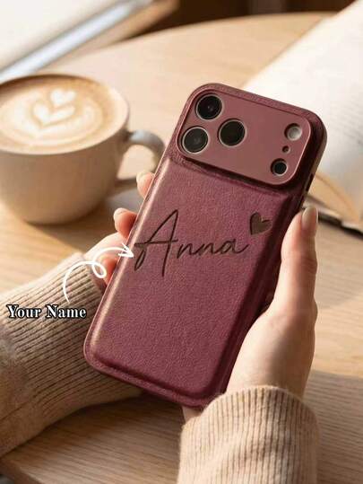 Personalized Custom Name Initial Phone Case, Laser Engraved 3D Carved PU Leather, Compatible With IPhone 18 17 16 15 14 13 12 11 Pro Max And Plus Series, Burgundy Litchi Texture Design, Anti-Slip Anti-Shock Anti-Scratch, Perfect Gift For Birthday And Anniversary