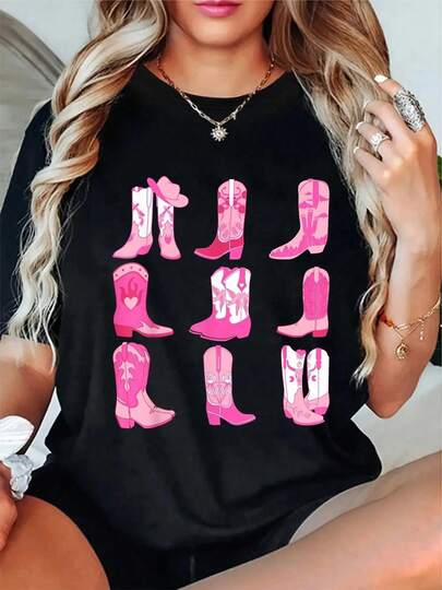 100% Cotton Western Country Rodeo Pink Cowboy Cowgirl Boots T-Shirt Women's Men's Black Short Sleeve T-Shirt Classic Fit Funny Tee Tops
