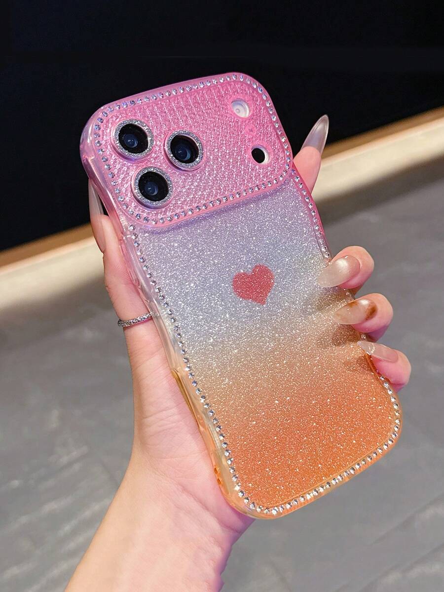 1pc Instant Star Diamond Wave Ombre Gradient 17 Pro Max/16 Pro Max/15 Pro/14 Phone Case, Heart Glitter Full Camera Coverage Shockproof Fashion Creative Women's Shell - Multicolor - View 1