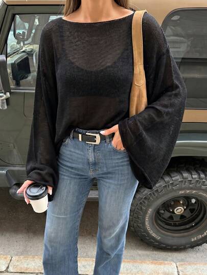 Plus Size Casual Solid Color Bell Sleeve Knit Top