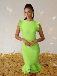 Love Aing Women's Summer Elegant Party Banquet Dress With Lace Cuffs, Pleated Green Knee-Length Skirt, Ruffle Hem, Mermaid Tail Dress For Guests, Ball, Luxury Evening Gown, Beach Vacation Style, Autumn Dress - Green - View 9
