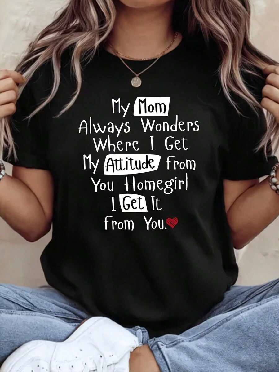 Women's Short-Sleeved T-Shirt With Graphic Print And "Mom Attitude" Phrase Design, Casual Wear For Everyday Outings, Comfortable Fabric, Perfect As A Gift, 220g, 100% Cotton. - 黑色 - 查看 1