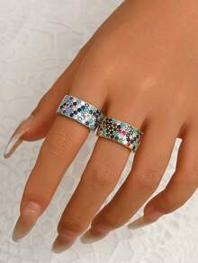 1pc European & American Fashion Style Wide Band Full Pave Colorful Galaxy Rhinestone Ring, Suitable For Women's Daily Street Party Banquet Wear, Couple Ring, Birthday Valentine's Day Holiday Gift - Multicolor - View 7