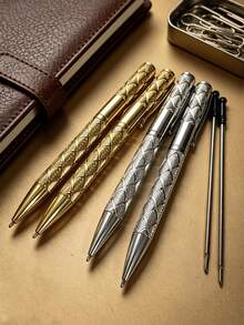 3pcs 3D Rhombus Pattern Metal Pens, (1 Pen + 2 Refills), Gold And Silver Colors Available, With 0.7mm Black Ink Refills, Twist-Out Mechanism, Suitable For Daily Office Recording, Business Signing, Student Classroom Notes, And As Gifts For Souvenirs, Back To School, Graduation, Etc. - Metal Pen - View 11