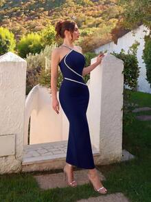 ADYCE Elegant Suspender, Off Shoulder, Handmade Nail Drill, High Waisted, Backless, Split Bandage Party Dress Prom Gown Homecoming Wedding Guest Ball - Navy Blue - View 7