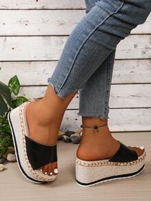 New Fashion Single Strap Wedge Sandals, Casual Slip-On, Outdoor Wedge Sandals, Anti-Slip Anti-Odor Lightweight Slippers, Valentine's Day Gift - Black - View 7