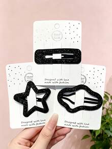 3/6pcs/Set Y2K Star & Cloud Glitter Hair Clips, Premium Minimalist Hair Accessories, Star, Cloud, Square 3 Shapes With Black & Silver Color Matching, Surface With Subtle Glittery Luster, Full Vintage Vibe - Suitable For Women And Girls, Perfect For Daily Wear, Vacation, Party, Graduation Season,Hair Claws - Multicolor - View 4