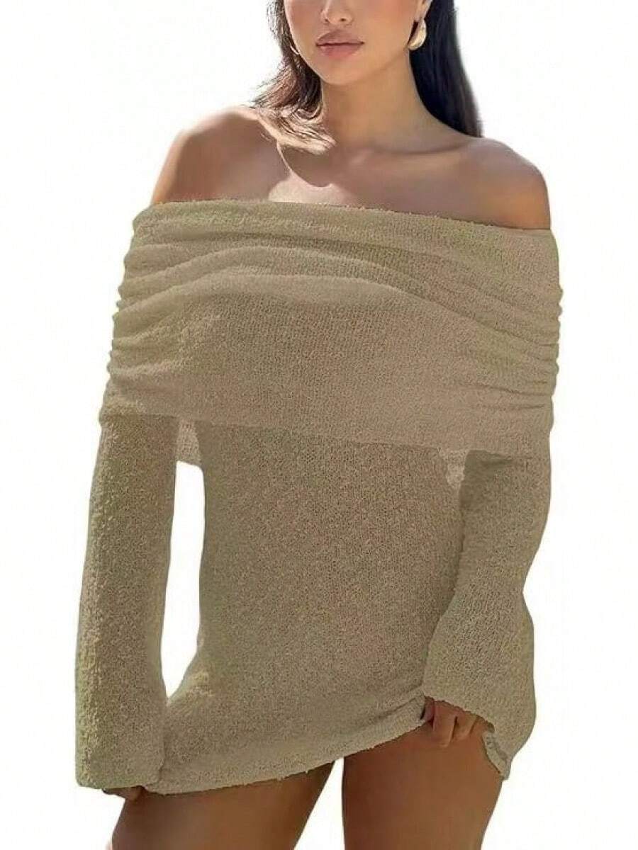 Light Blue Textured Knit Mini Dress, Off-Shoulder, Folded Band With Ruching, Long Bell Sleeves, Fitted Cut For Dates And Evening Parties - Mocha Color - View 1