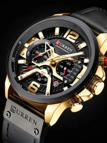 1pc Casual Men's Business Leather Strap Mechanical Watch, Calendar Men's Leather Strap Sports Watch - Gold - View 2