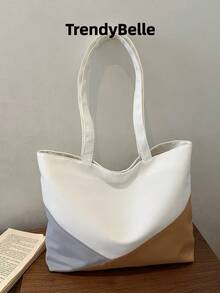 Classic Color Block Shoulder Bag, Minimalist Versatile Large Capacity Tote Bag, Commuter Canvas Handbag, Fashionable - White - View 2