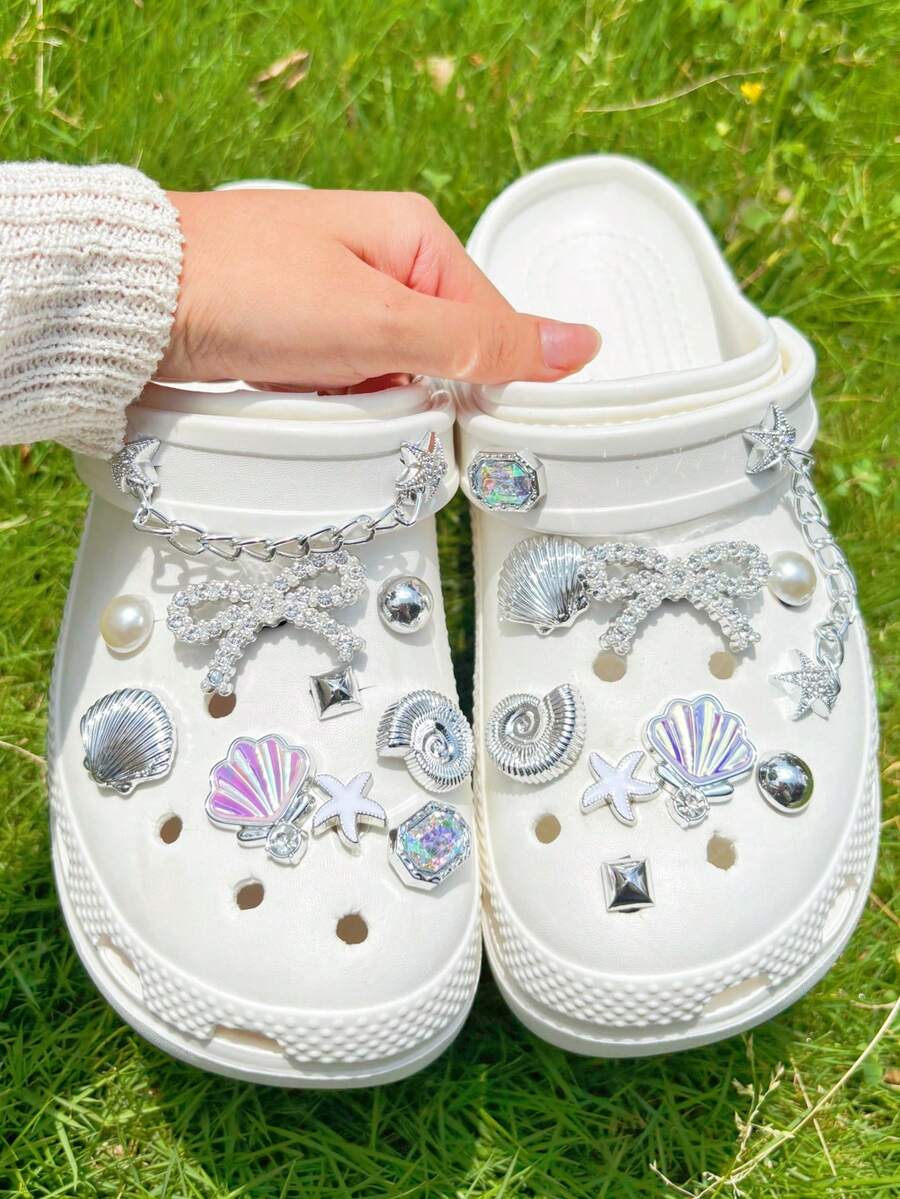 20pcs Silver Ocean Series Shoe Charms, Shell, Starfish, Bow DIY Accessories, Charm Set For Perforated Slippers