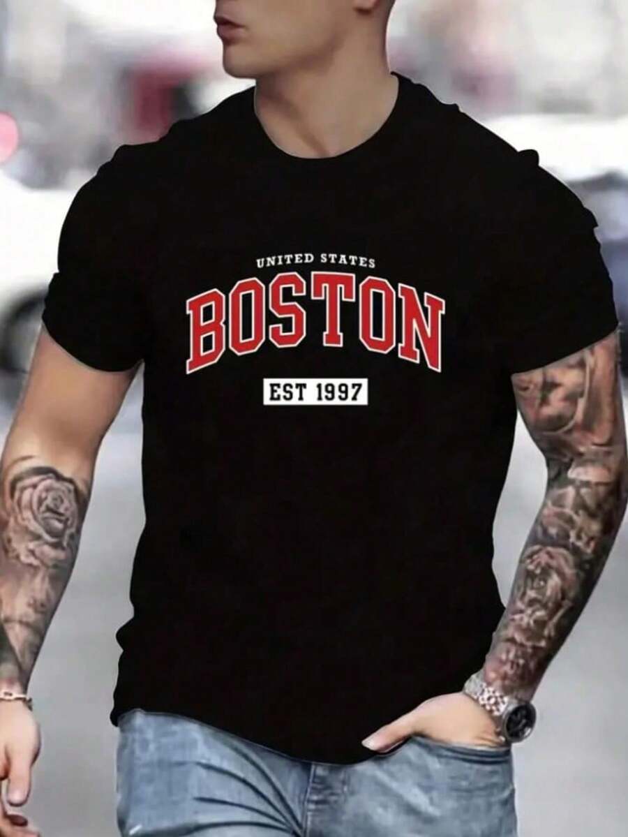 Boston Letter Print T-Shirt - 黑色 - 查看 1