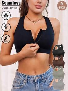 4 buah Bra Olahraga Tanpa Jahitan dengan Desain Silang dan Lubang-Lubang, Bra Pendek Elastis dengan Resleting Depan untuk Wanita - MultiWarna - View 3