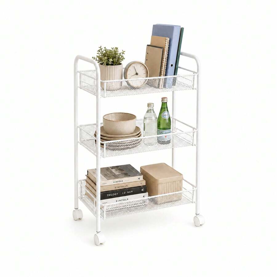 Inde CONFORTIME | Carrito Auxiliar con Ruedas 3 Niveles, Estantería Metálica Blanca con Cestas de Rejilla y Ganchos, Carrito de Cocina y Verdulero, Mueble Auxiliar de Baño para Almacenaje del Hogar - 3 Niveles Blanco - Ver 1