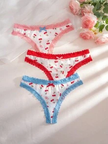 3 Stück/Pack Damen bedruckte Spitzen-Patchwork Schleifen Komfort Tanga Höschen - Weiss - Übersicht 4