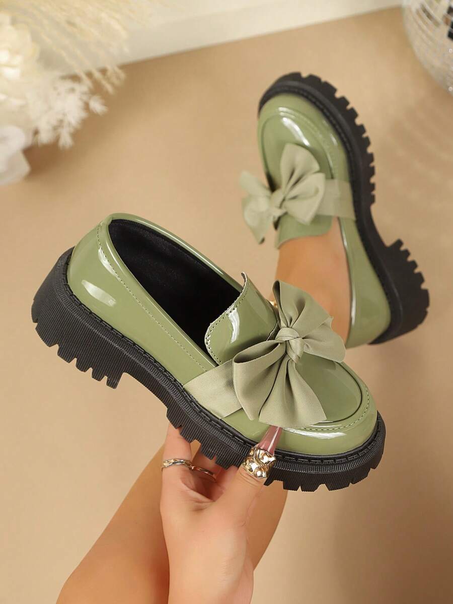 Plus Size Women's Green Thick Sole Chunky Heel Loafers With Large Bow Decor, Round Toe Low-Top Sweet Cool Academy Style Spring Autumn Shoes - Dark Green Bow - View 1