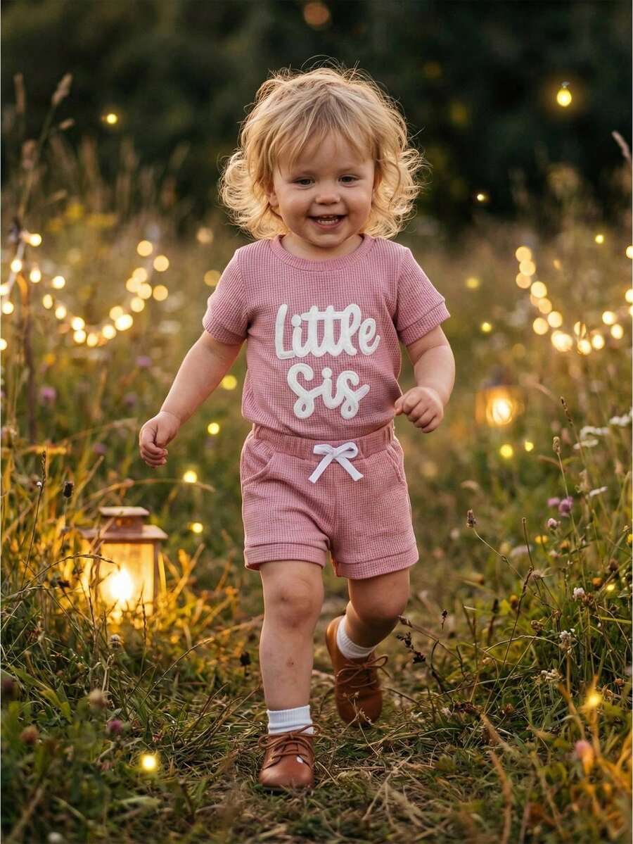 Conjunto de dos piezas para bebé niña: pelele de manga corta con cuello redondo y bordado de letras a la moda y shorts con cintura elástica. - Rosa - Ver 1