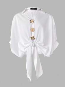 ChicMe Women's Palace Style Lapel Batwing Sleeve Gold Floral Button Front Loose Tie Front Casual Blouse - White - View 10